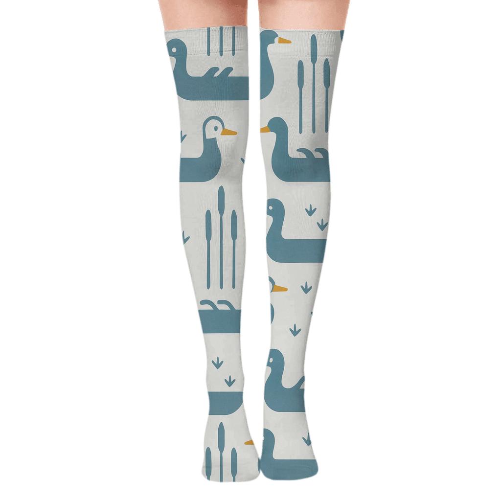 Duck Boats In Minimal Pond Grid stylish fashion over-the-knee socks