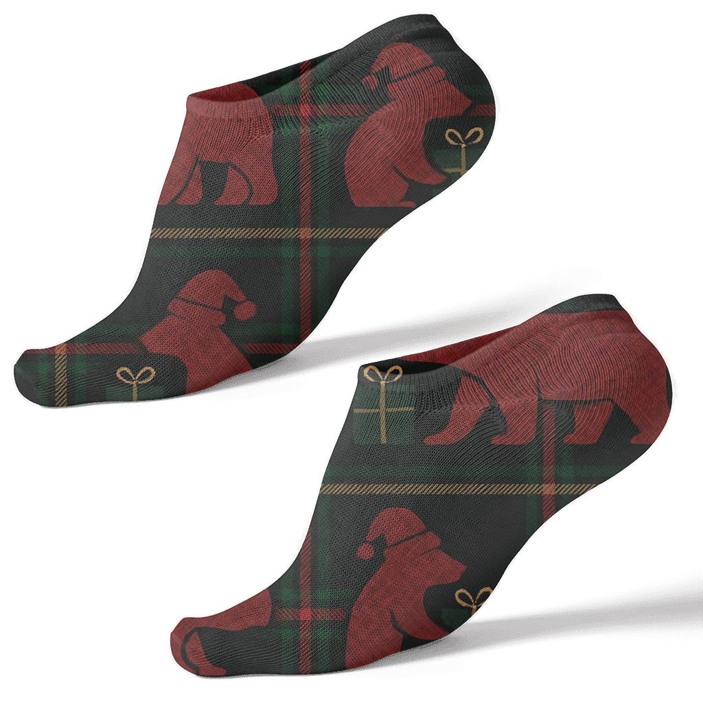 Bear Gift Wrap Plaid Blocks On Classic Black Background unique graphic ankle socks