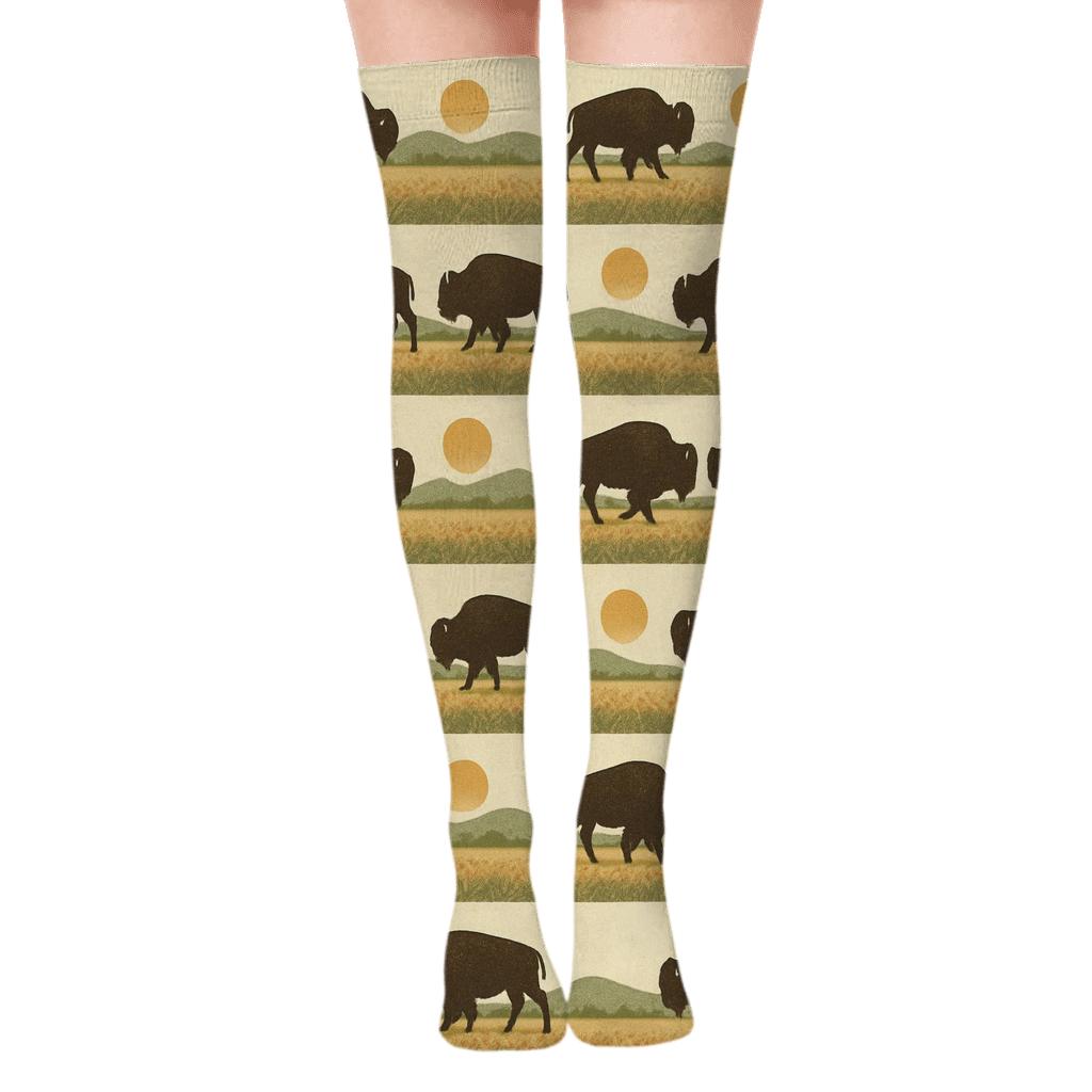Prairie Landscape Wrap With Bison Silhouettes designer print over-the-knee socks