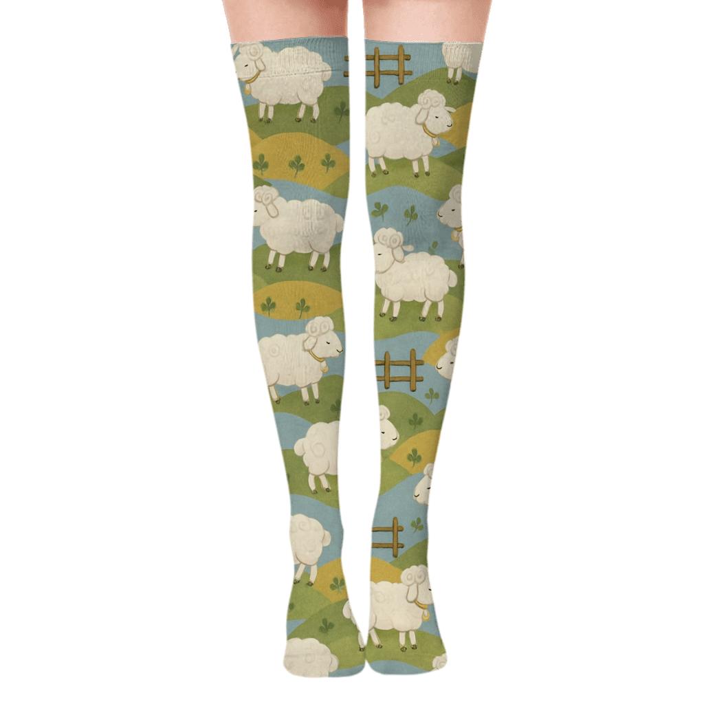 Rolling Hills Band Pattern With Sheep Motifs trendy patterned over-the-knee socks