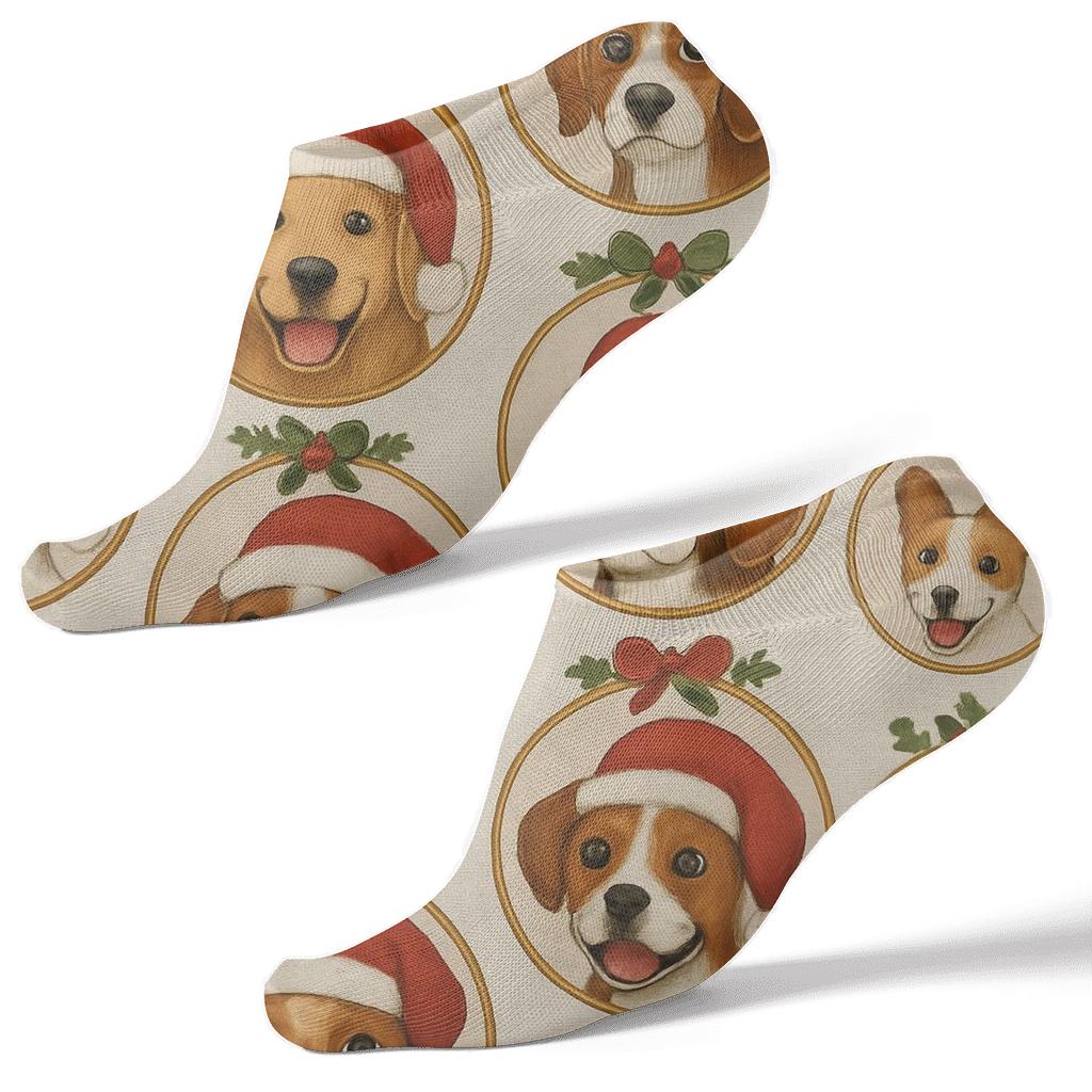 Dog Santa Hat Portrait Medals On Beige Linen Background personalized ankle socks
