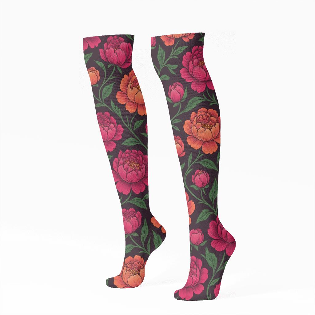 Sunset Peony Chevron On Deep Plum Background premium sports knee-high socks