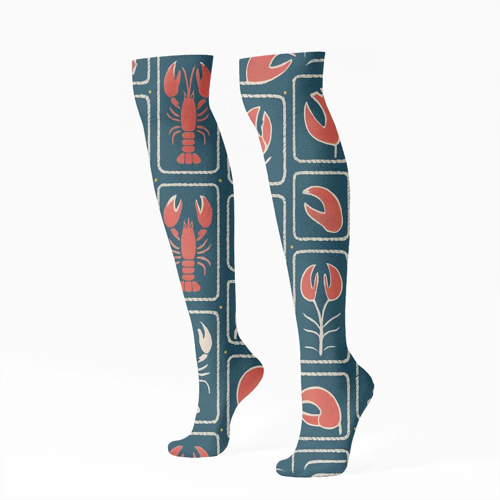 Nautical Trap Mosaic With Lobster Icons custom knee-high socks