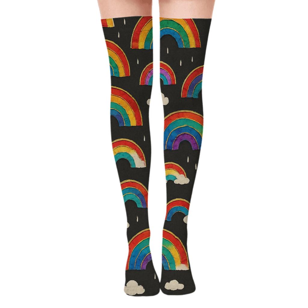Rainbow Arc Patchwork Collage On Charcoal Night Sky trendy patterned over-the-knee socks