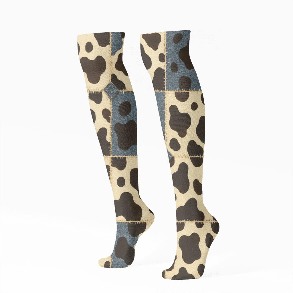 Denim Patchwork Cow Spot Overlay On Warm Cream stylish athletic knee-high socks