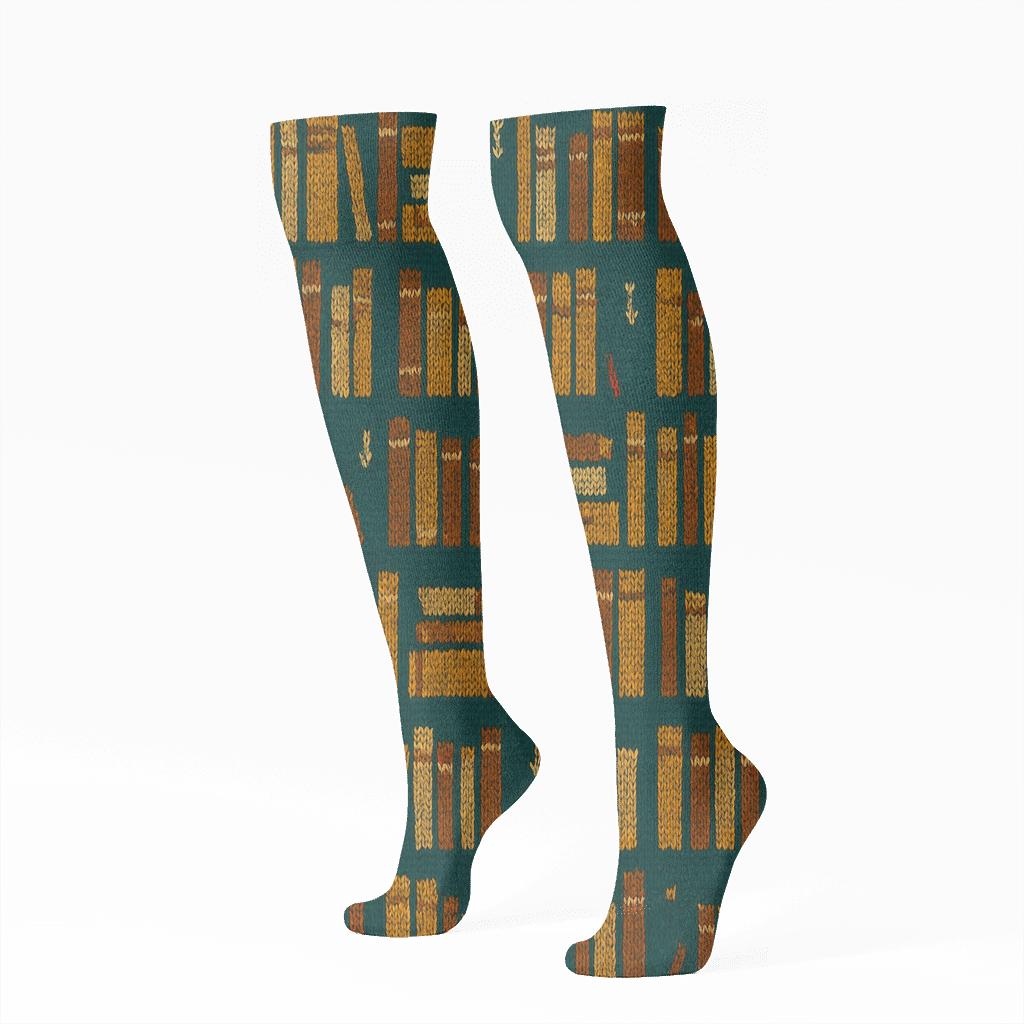 Librarian Knit Illusion Bookshelf Lattice stylish athletic knee-high socks