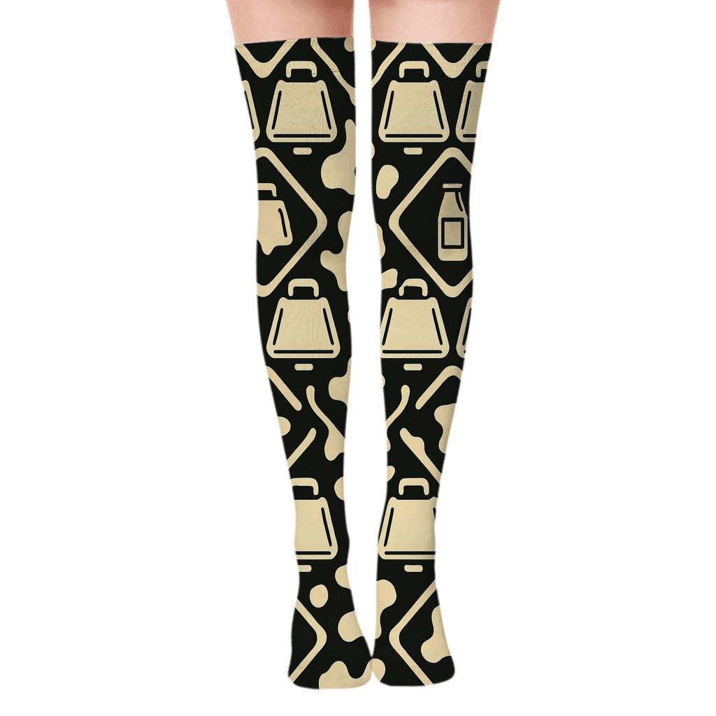 Retro Dairy Label Cowbell Lattice On Black comfortable cotton over-the-knee socks