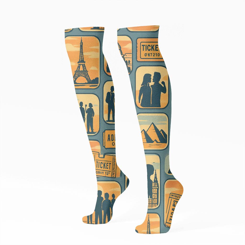 Vintage Poster Grid Pattern With Tour Guide Charm personalized knee-high socks