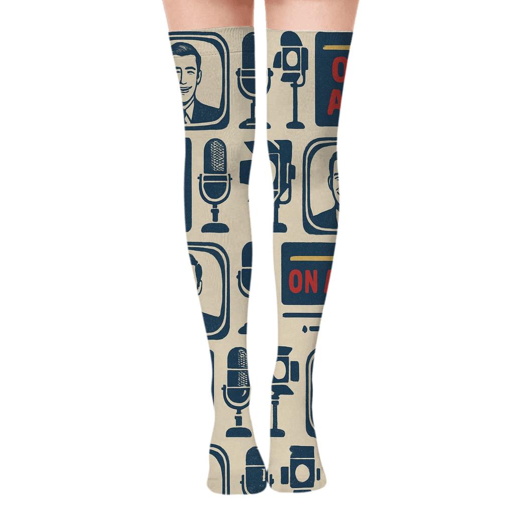 Retro Broadcast Patchwork With News Anchor Spotlight stylish fashion over-the-knee socks