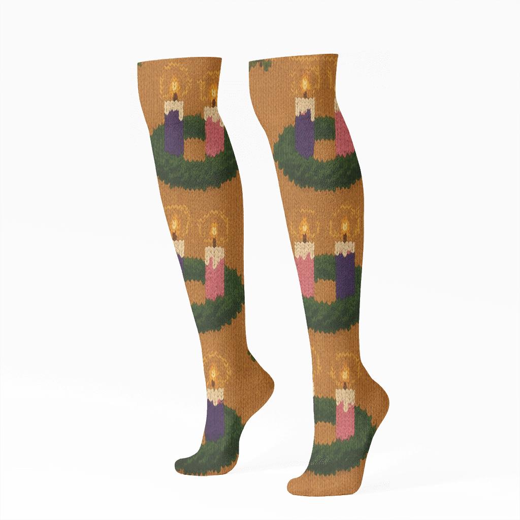 Knit Illusion Advent Wreath Candle Lattice trendy patterned knee-high socks