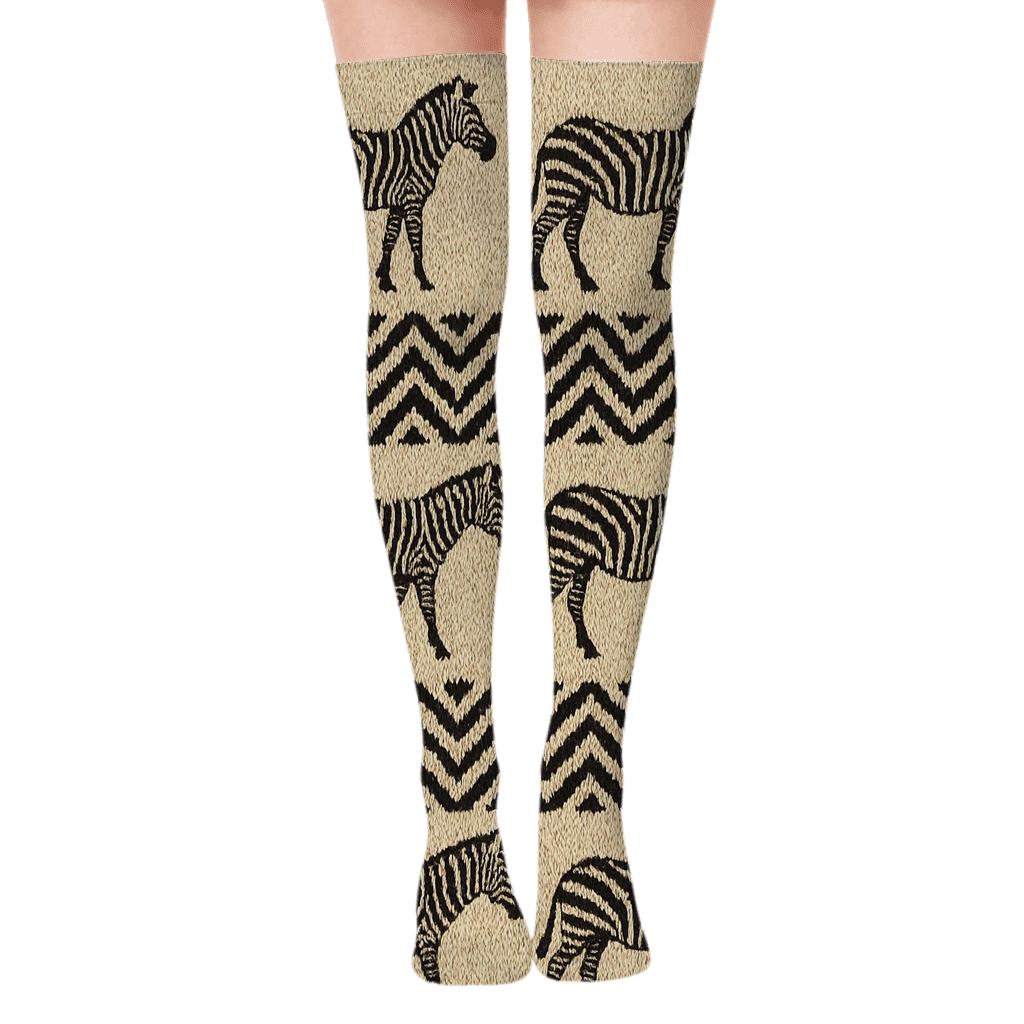 Knitted Zebra Silhouette Bands On Warm Cream designer print over-the-knee socks