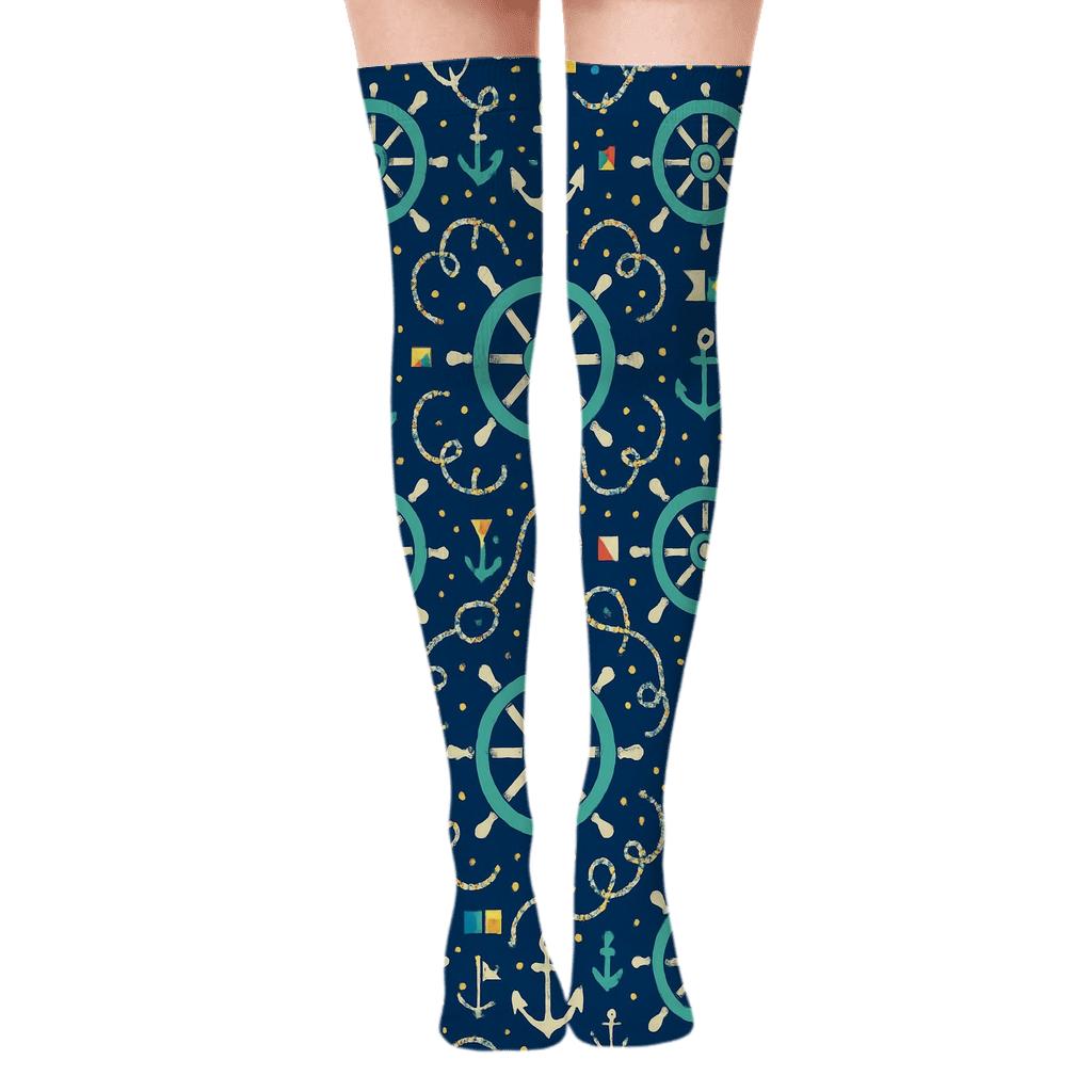 Ship Captain Wheel And Flag Tessellation stylish fashion over-the-knee socks
