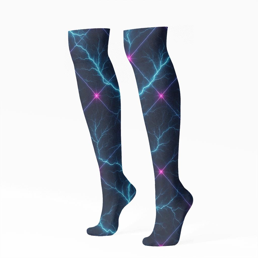 Neon Arc Lattice On Midnight Field designer print knee-high socks