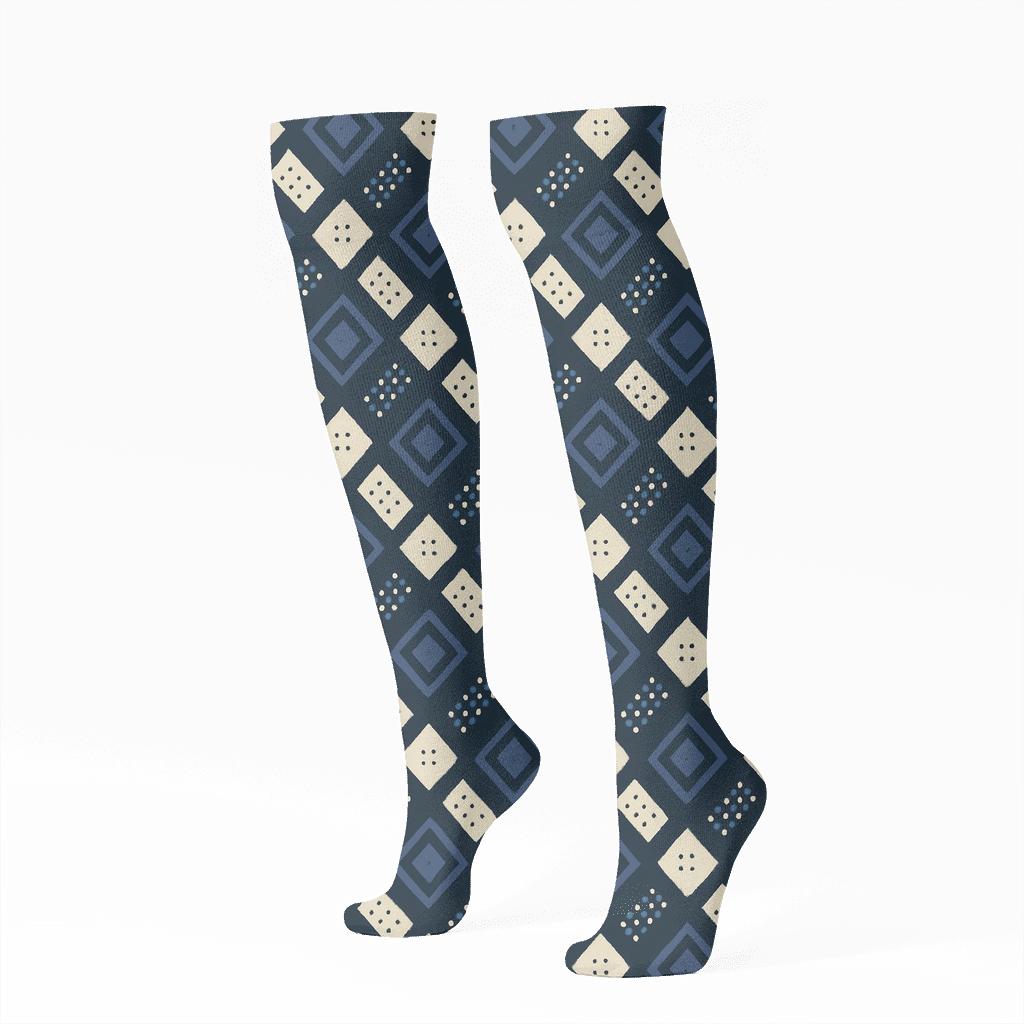 Indigo And Cream Diagonal Diamond Check With Concentric Square Rhythm comfortable cotton knee-high socks