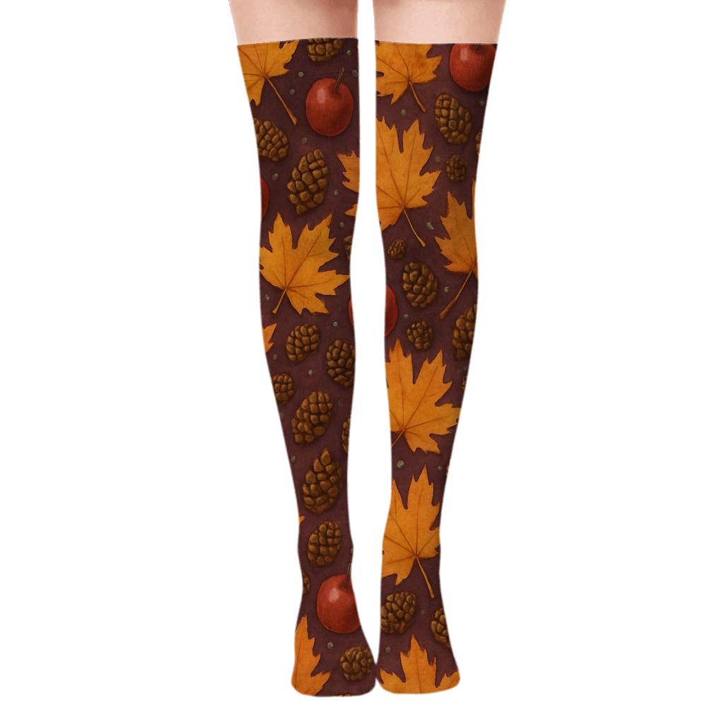 Watercolor Leaf And Apple Diagonal Drift On Deep Plum Background personalized over-the-knee socks