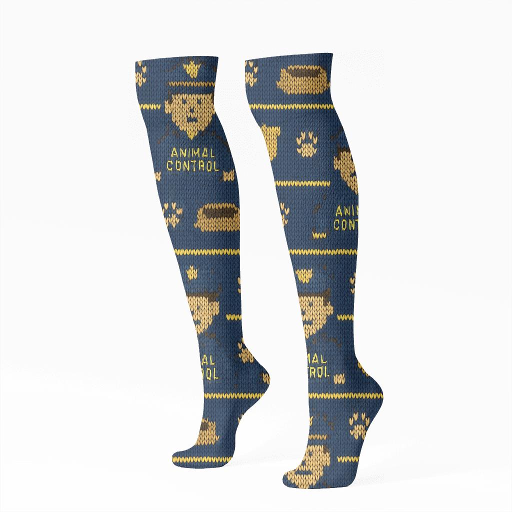 Animal Control Officer Knitted Pattern Illusion On Navy unique graphic knee-high socks
