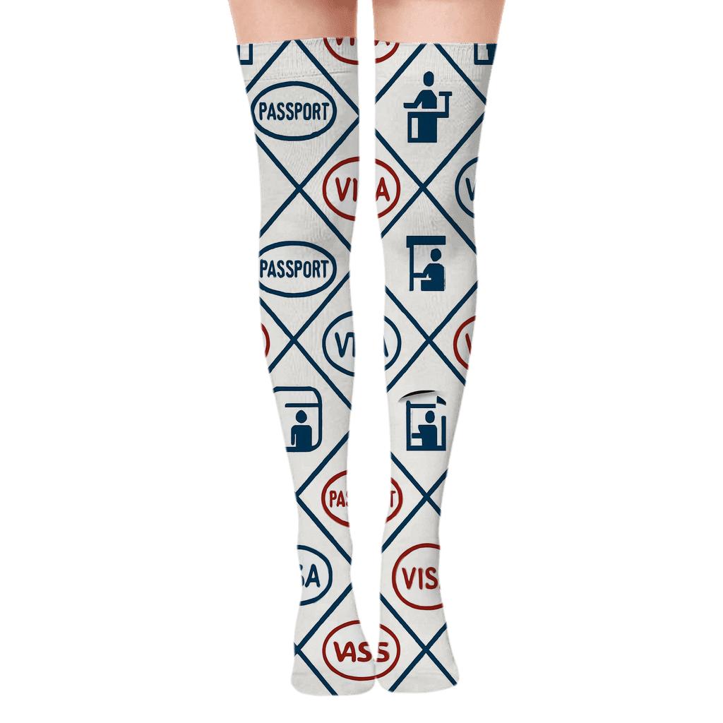 Passport Stamp Lattice With Immigration Officer Details premium cozy over-the-knee socks