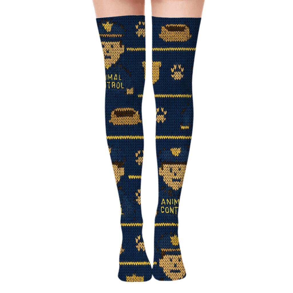 Animal Control Officer Knitted Pattern Illusion On Navy comfortable cotton over-the-knee socks
