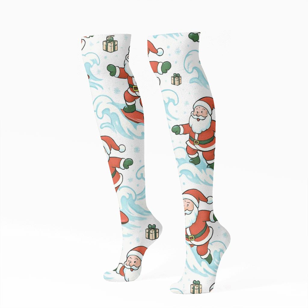 Santa Surfing Holiday Poster Pattern trendy patterned knee-high socks