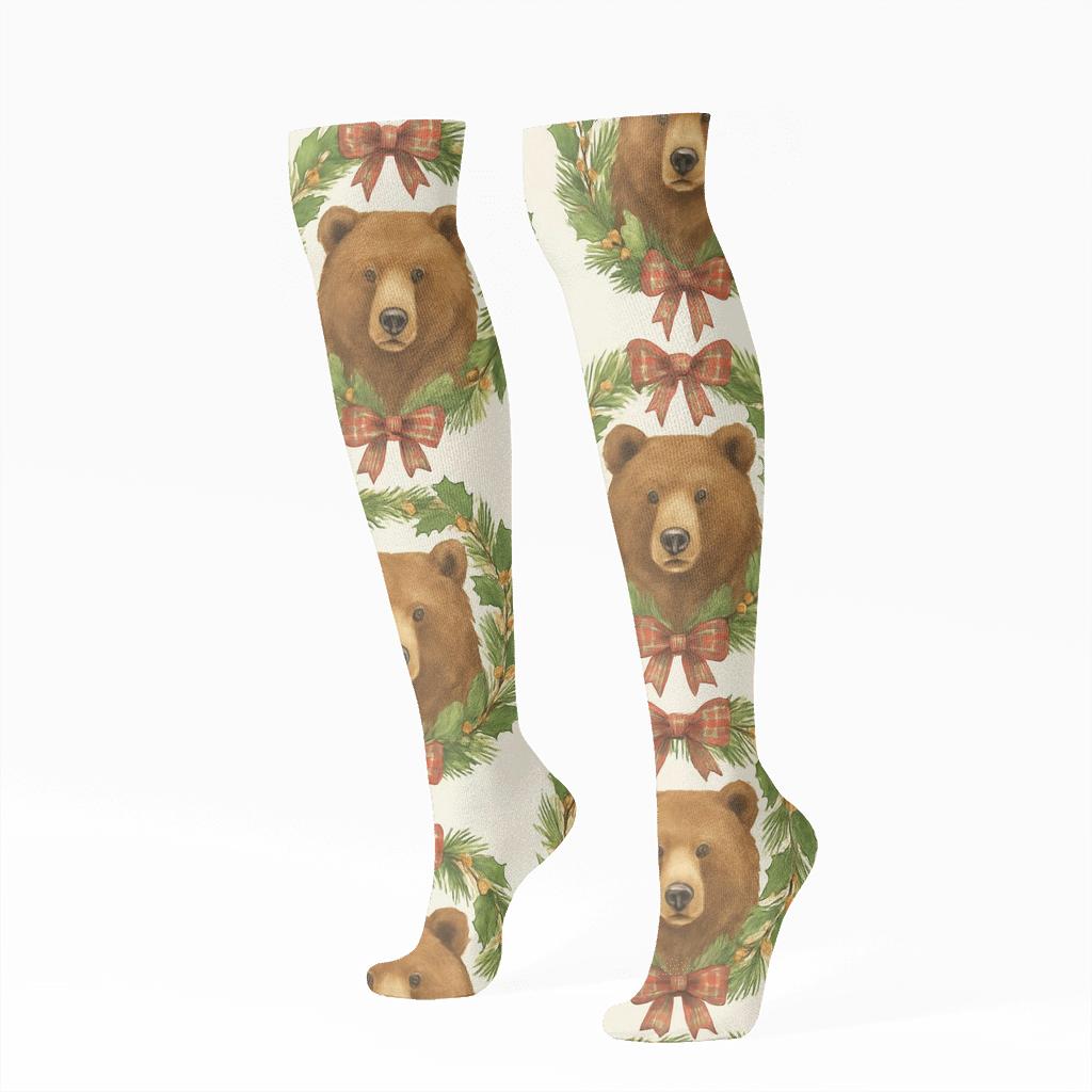 Red Plaid Bear Portrait Medallions On Ivory Background trendy patterned knee-high socks