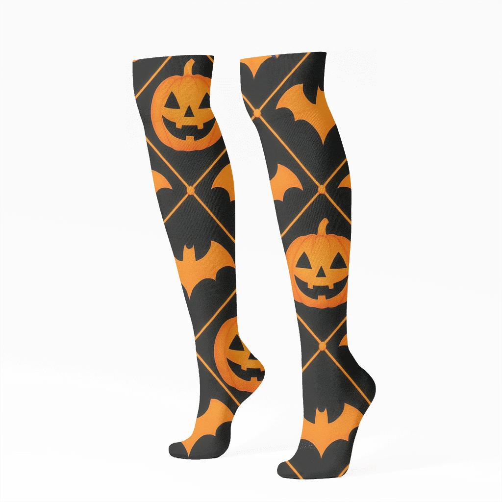 Jack O Lantern And Bat Diamond Tiling On Black Background designer print knee-high socks