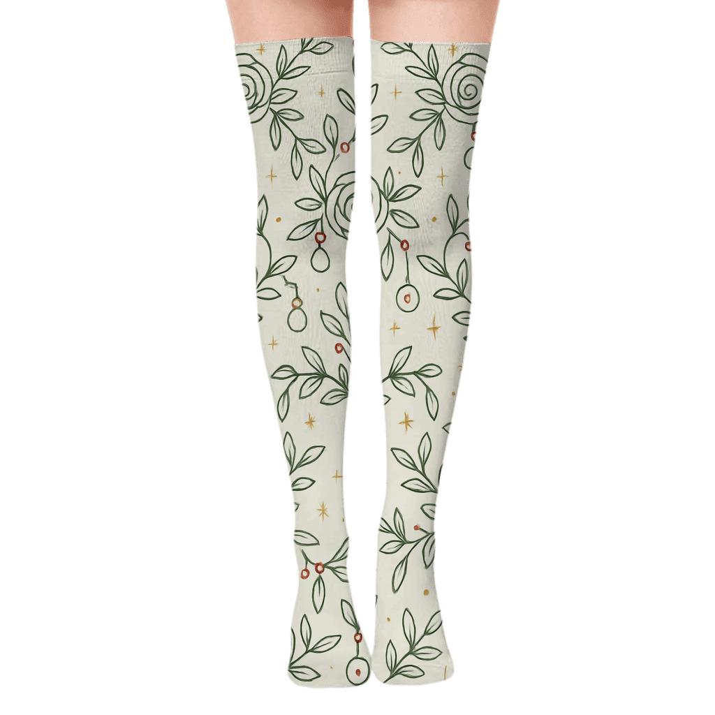 Minimalist Mistletoe Rose Line Grid On Ivory Background premium cozy over-the-knee socks