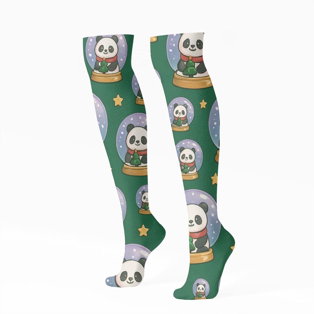 Lavender Panda Snow Globe Tiles On Pine Green Background trendy patterned knee-high socks
