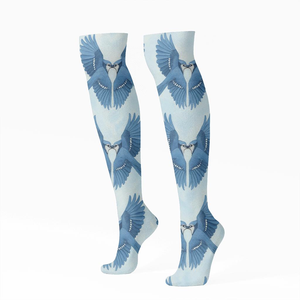 Blue Jay Flight Mirror Repeat On Pale Sky Blue Background soft everyday knee-high socks