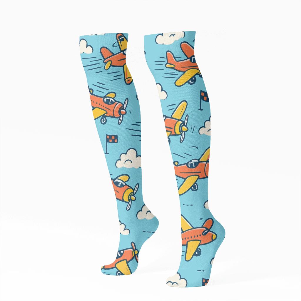 Playful Airplane Race Scatter On Sky Blue trendy patterned knee-high socks