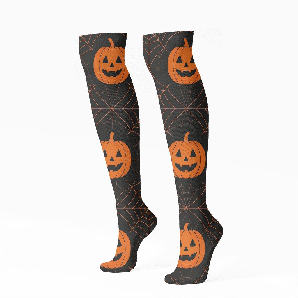 Orange Pumpkin And Spider Web Corner Tile On Black Background stylish athletic knee-high socks