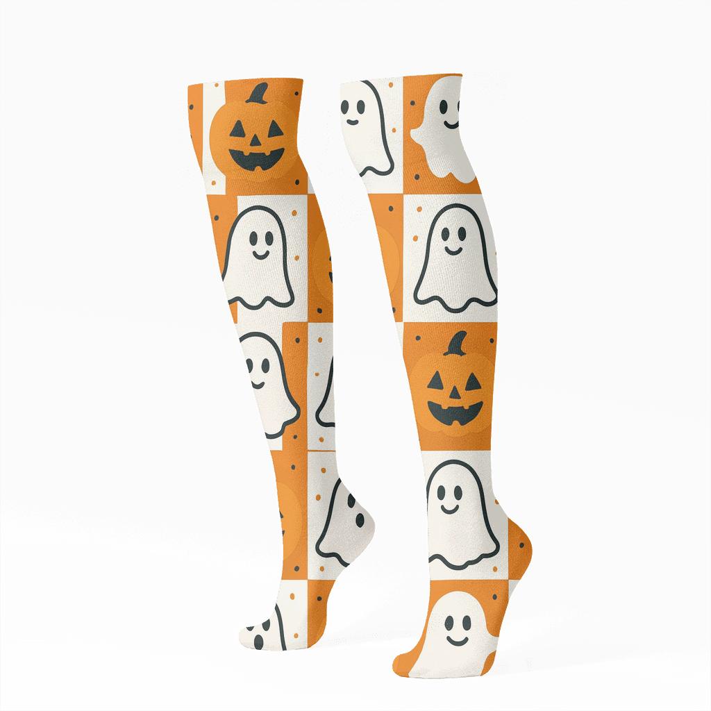 Ghost And Jack O Lantern Alternating Checker On White Background unique graphic knee-high socks