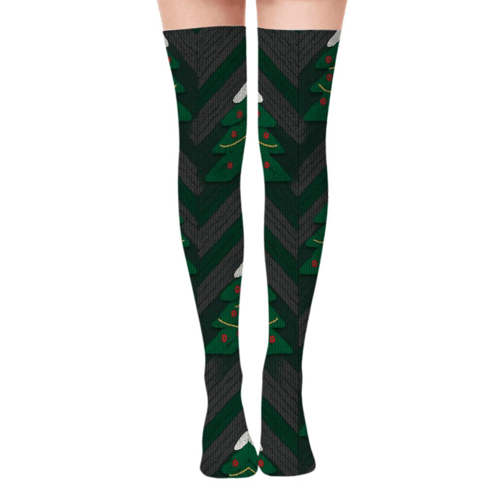 Christmas Tree Chevron On Charcoal Background unique graphic over-the-knee socks