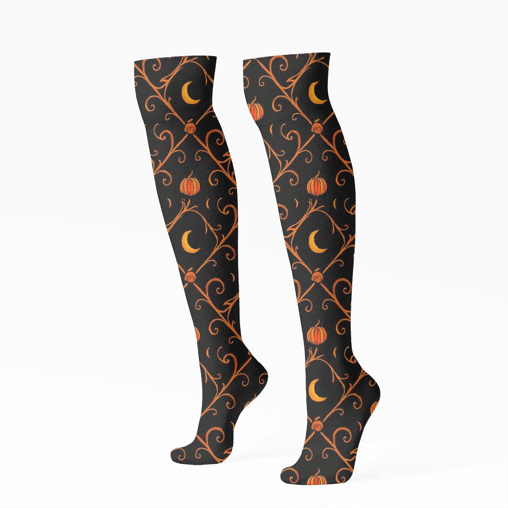 Crescent Moon And Pumpkin Vine Lattice On Black Background stylish athletic knee-high socks