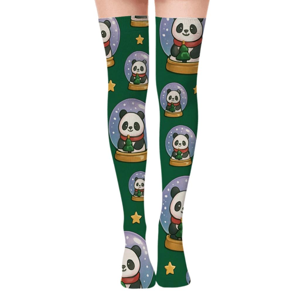 Lavender Panda Snow Globe Tiles On Pine Green Background unique graphic over-the-knee socks
