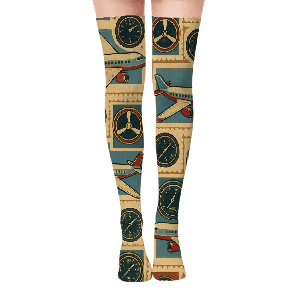 Vintage Aviation Poster Airplane Tile Collage designer print over-the-knee socks