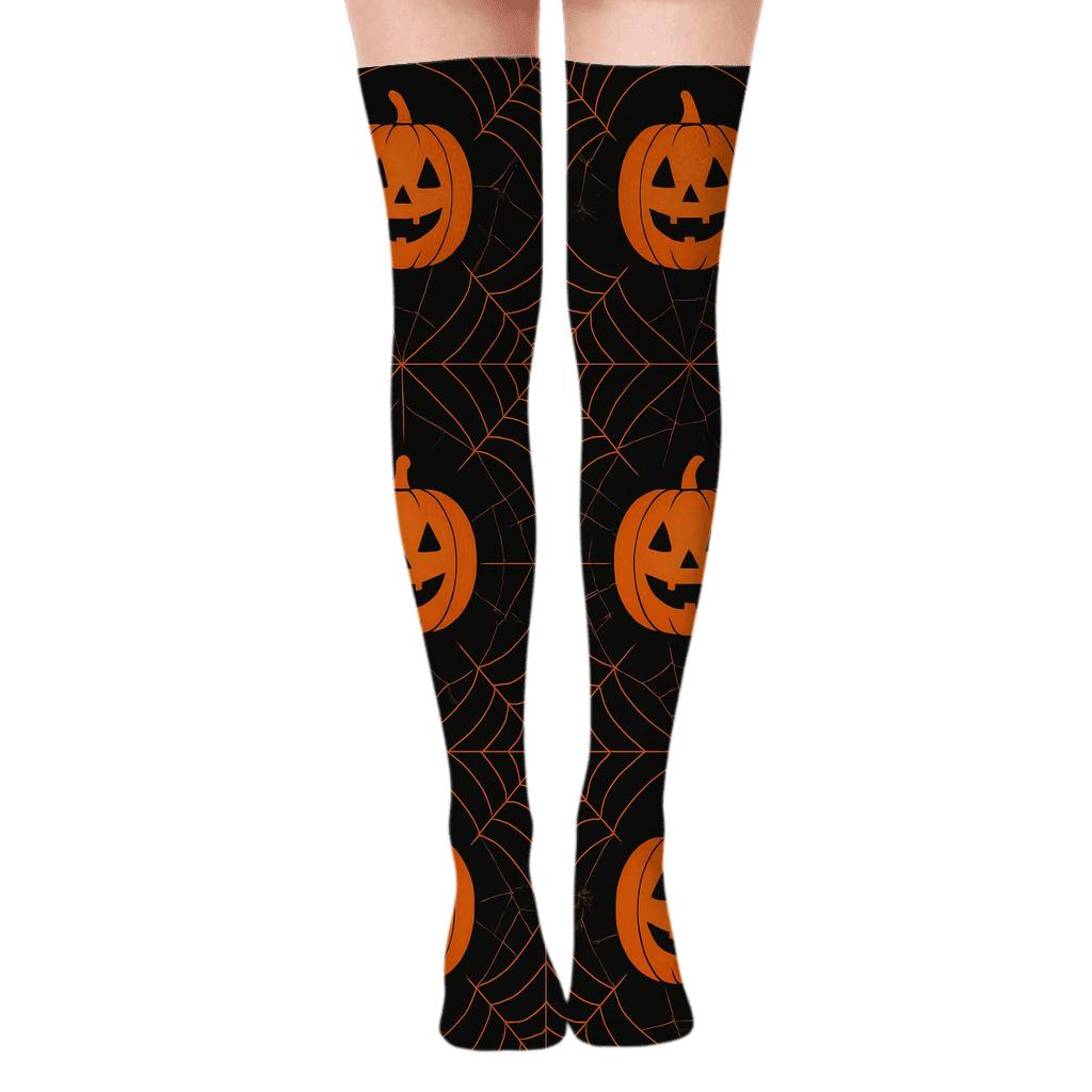 Orange Pumpkin And Spider Web Corner Tile On Black Background designer print over-the-knee socks