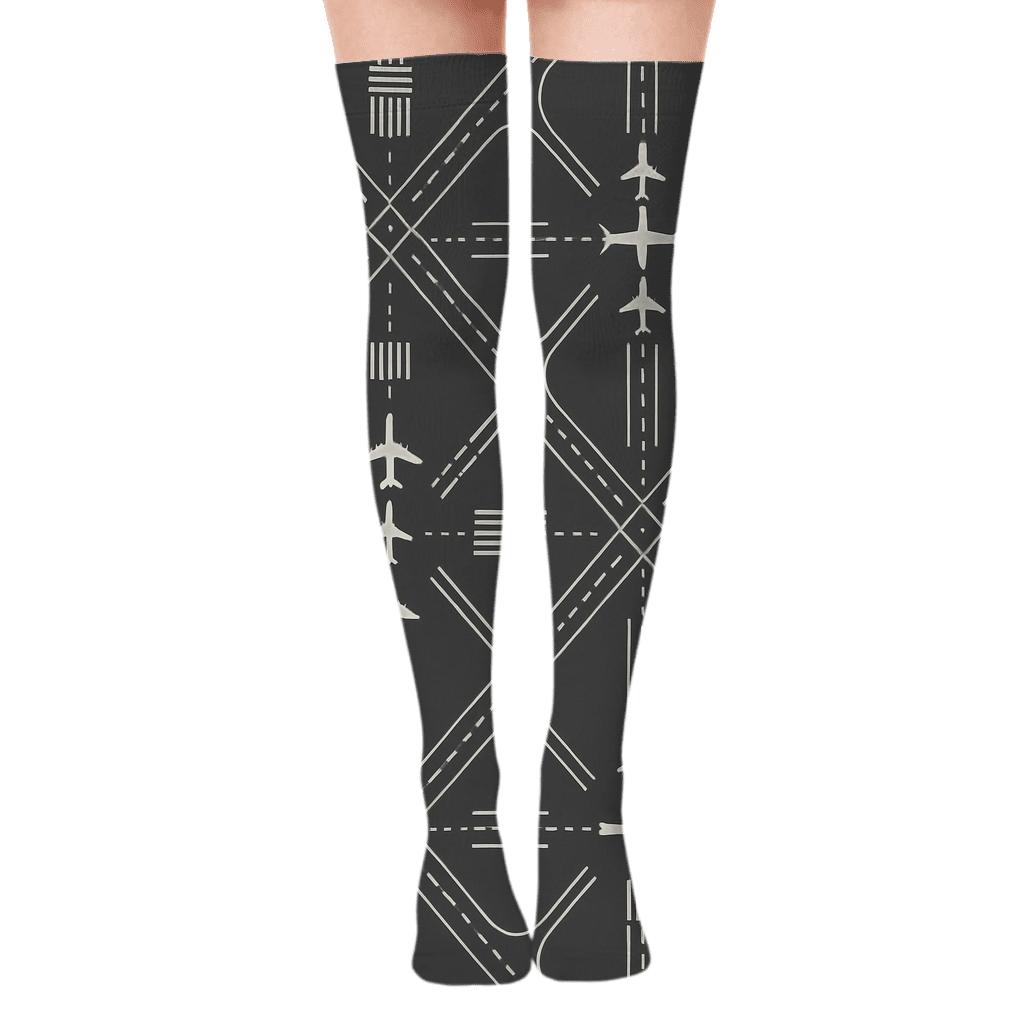 Airplane Runway Lattice On Charcoal Field premium cozy over-the-knee socks
