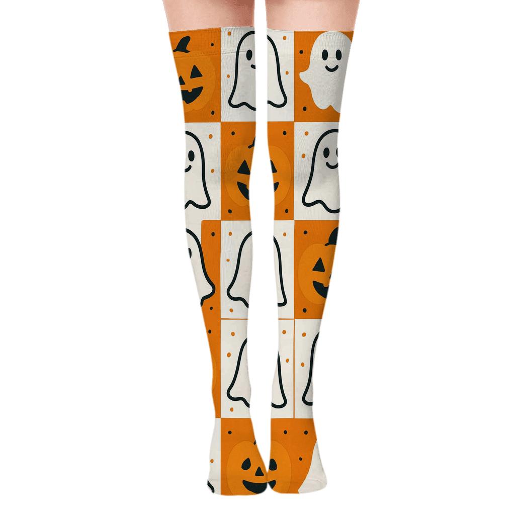 Ghost And Jack O Lantern Alternating Checker On White Background comfortable cotton over-the-knee socks