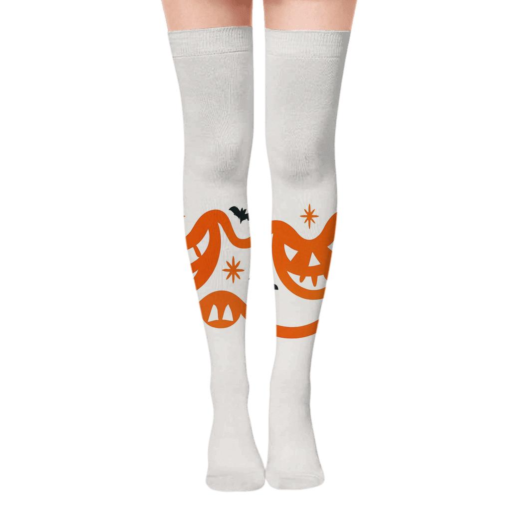 Jack O Lantern Smile Wave Border Repeat On White Background unique graphic over-the-knee socks