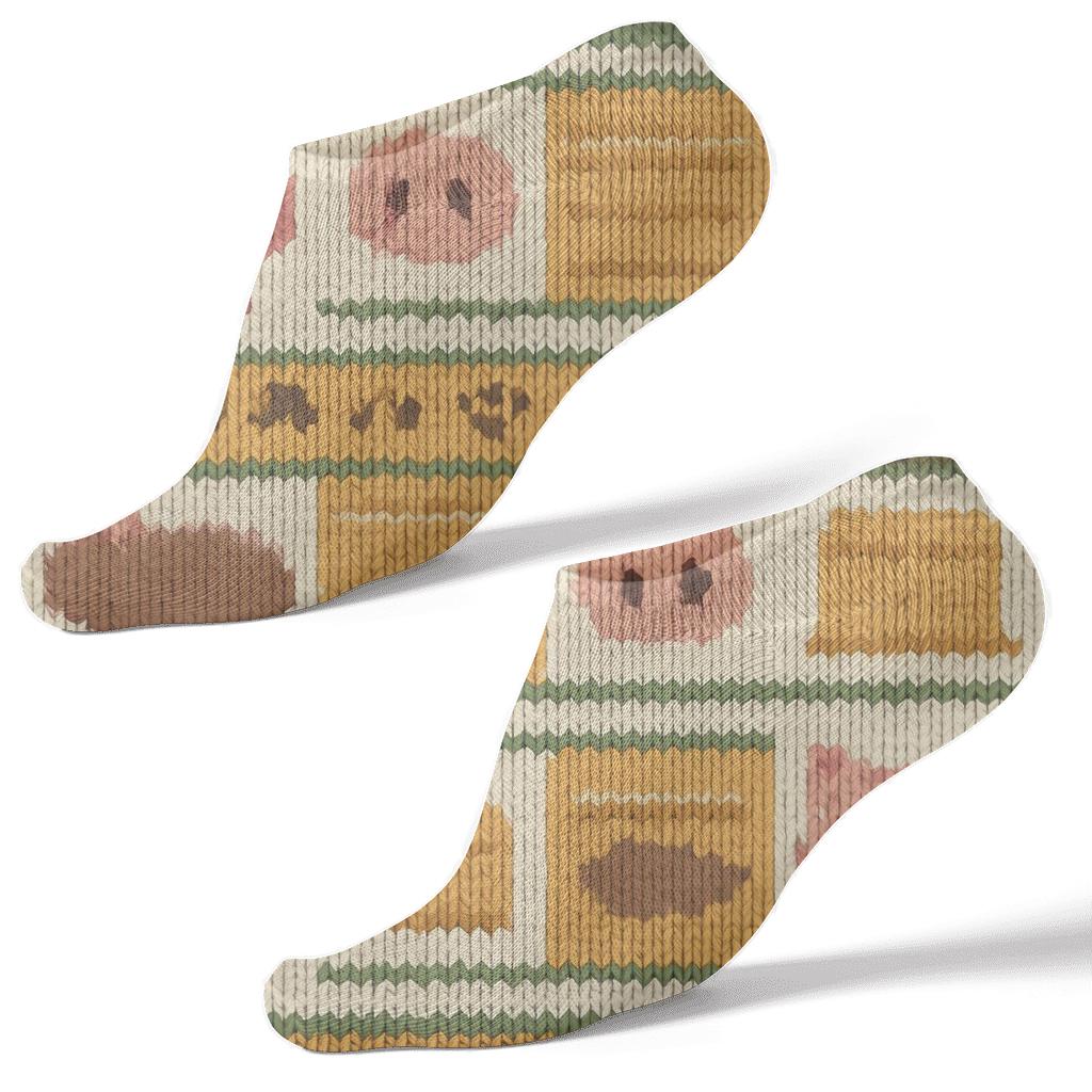 Knitted Patchwork Pig Parade trendy patterned ankle socks