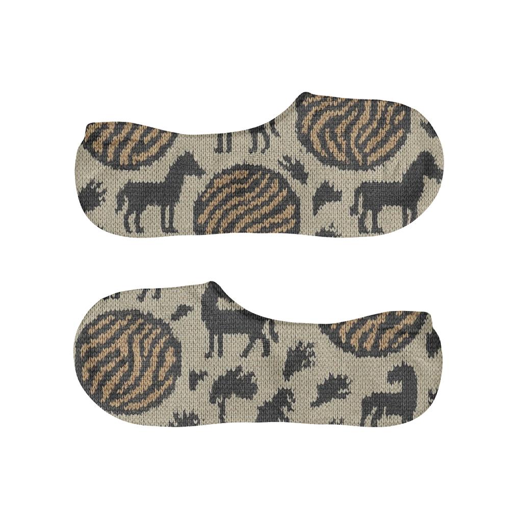 Knitted Safari Stripe Medallions On Warm Cream designer printed no-show socks