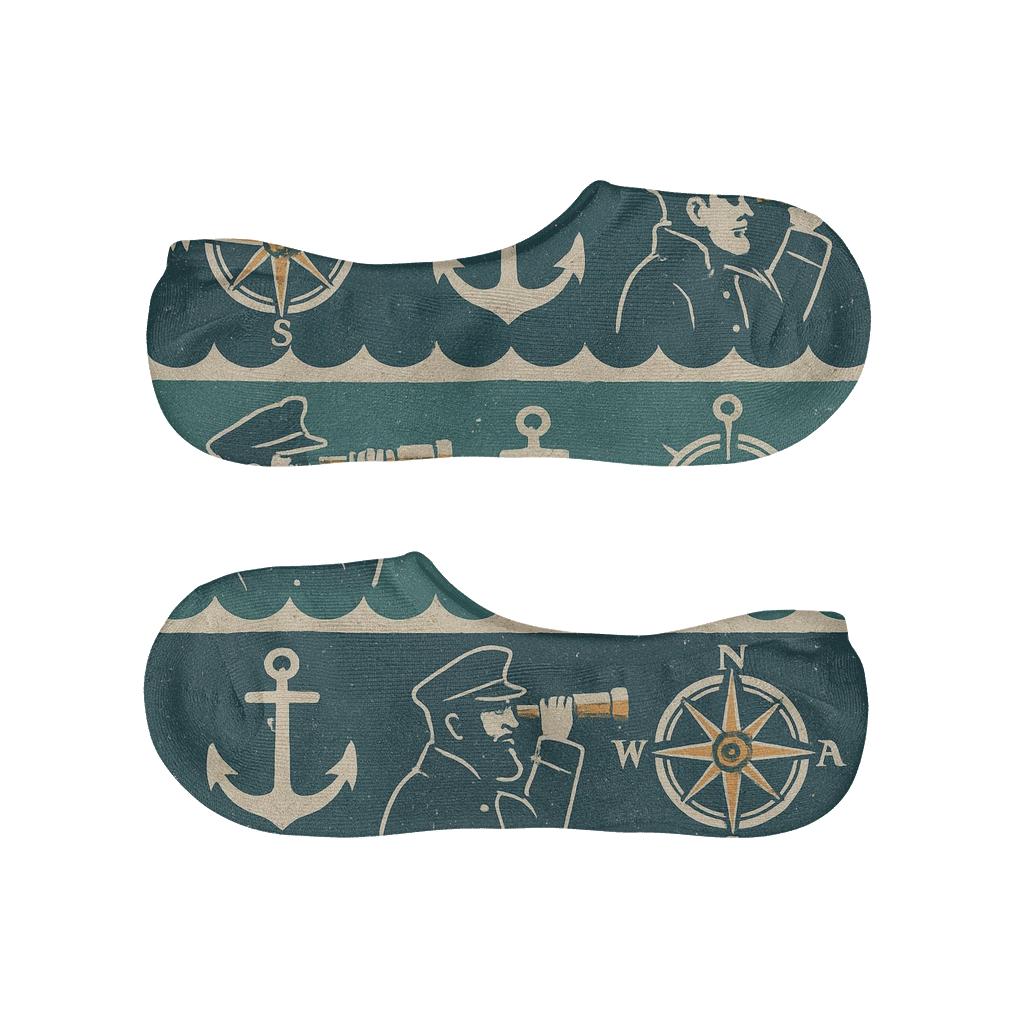 Ship Captain Compass Wave Band designer printed no-show socks