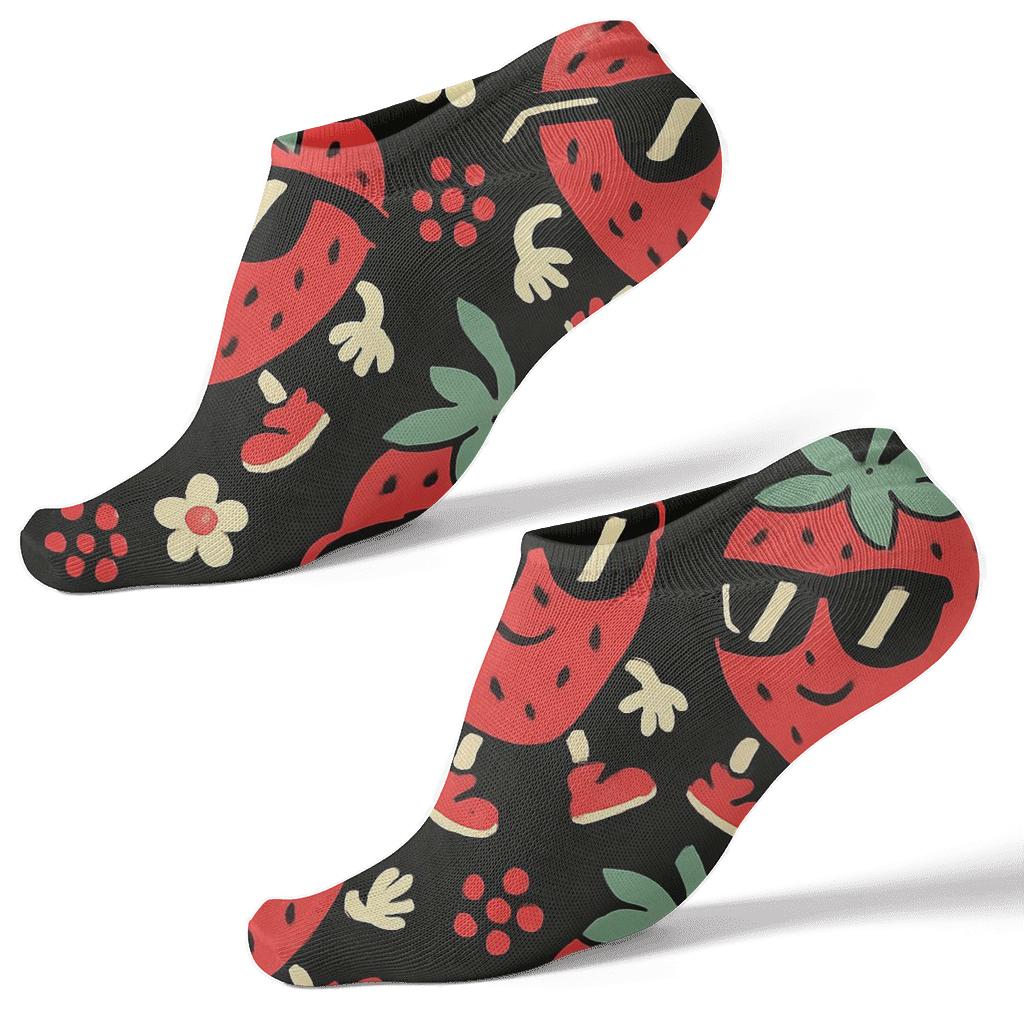 Cartoon Strawberry Sunglasses Parade On Black Background unique graphic ankle socks