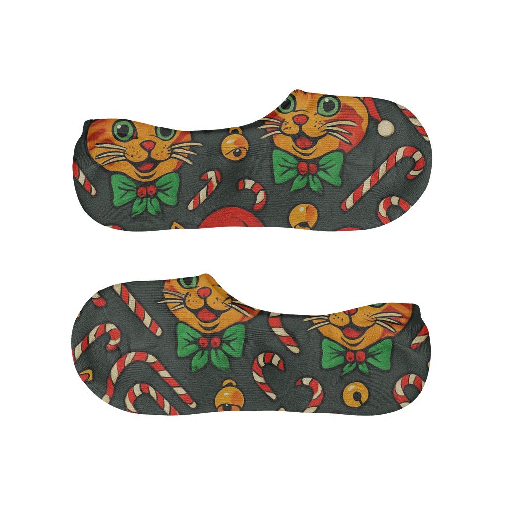 Holly Bow Cat Faces Lattice On Charcoal Background custom no-show socks