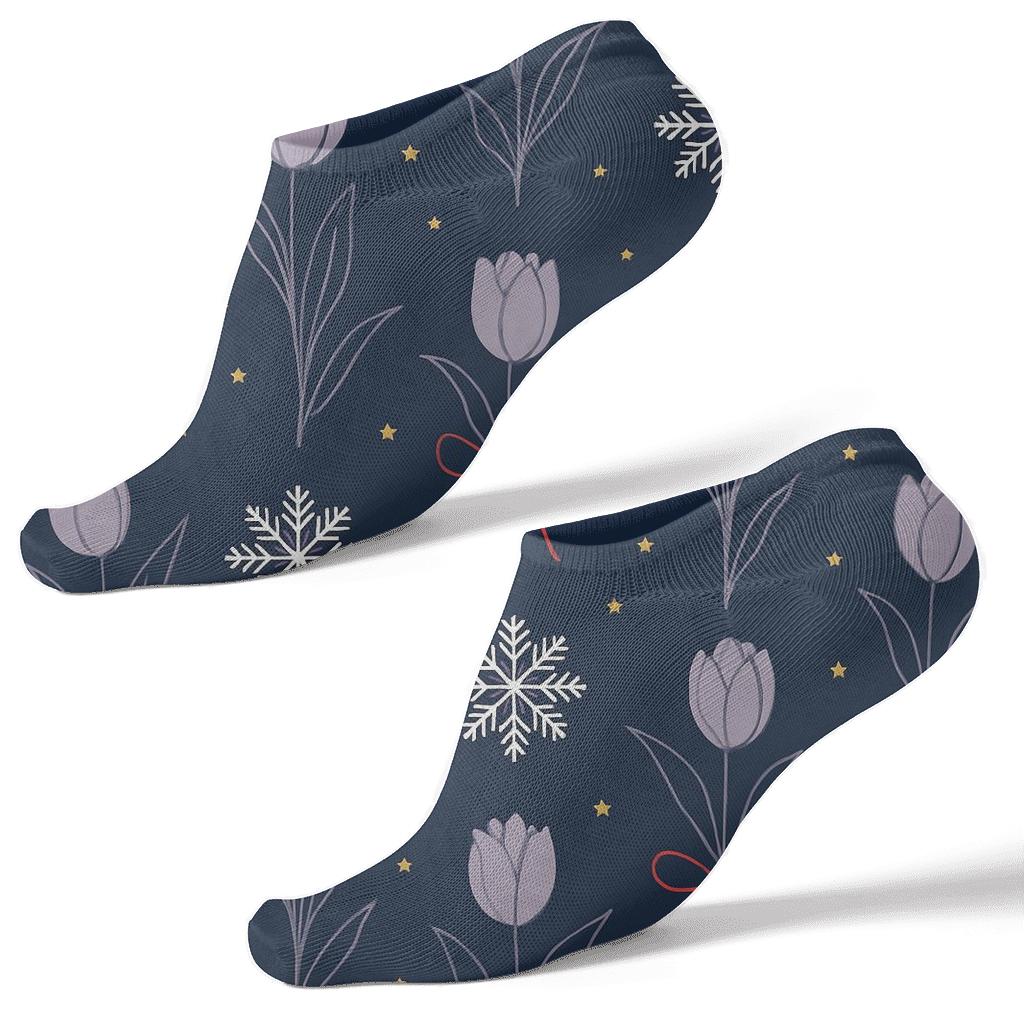 Lavender Tulip Snowflake Grid On Midnight Navy Background trendy patterned ankle socks