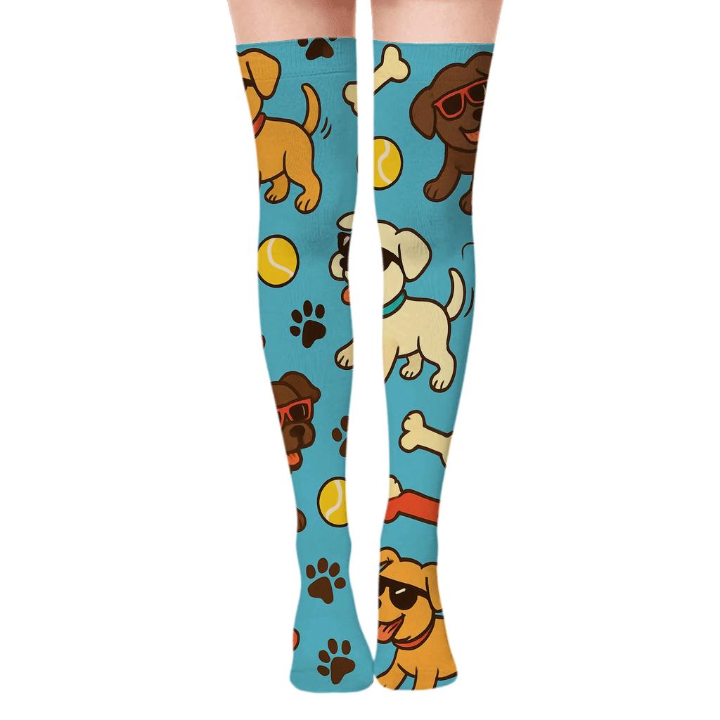 Dog Park Confetti Scatter On Sky Blue Field personalized over-the-knee socks