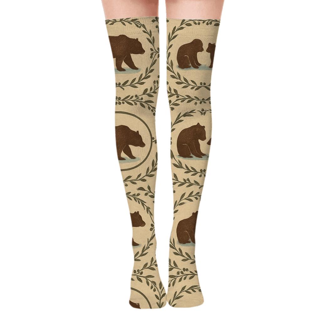 Woodland Poster Pattern With Bear Silhouettes unique graphic over-the-knee socks
