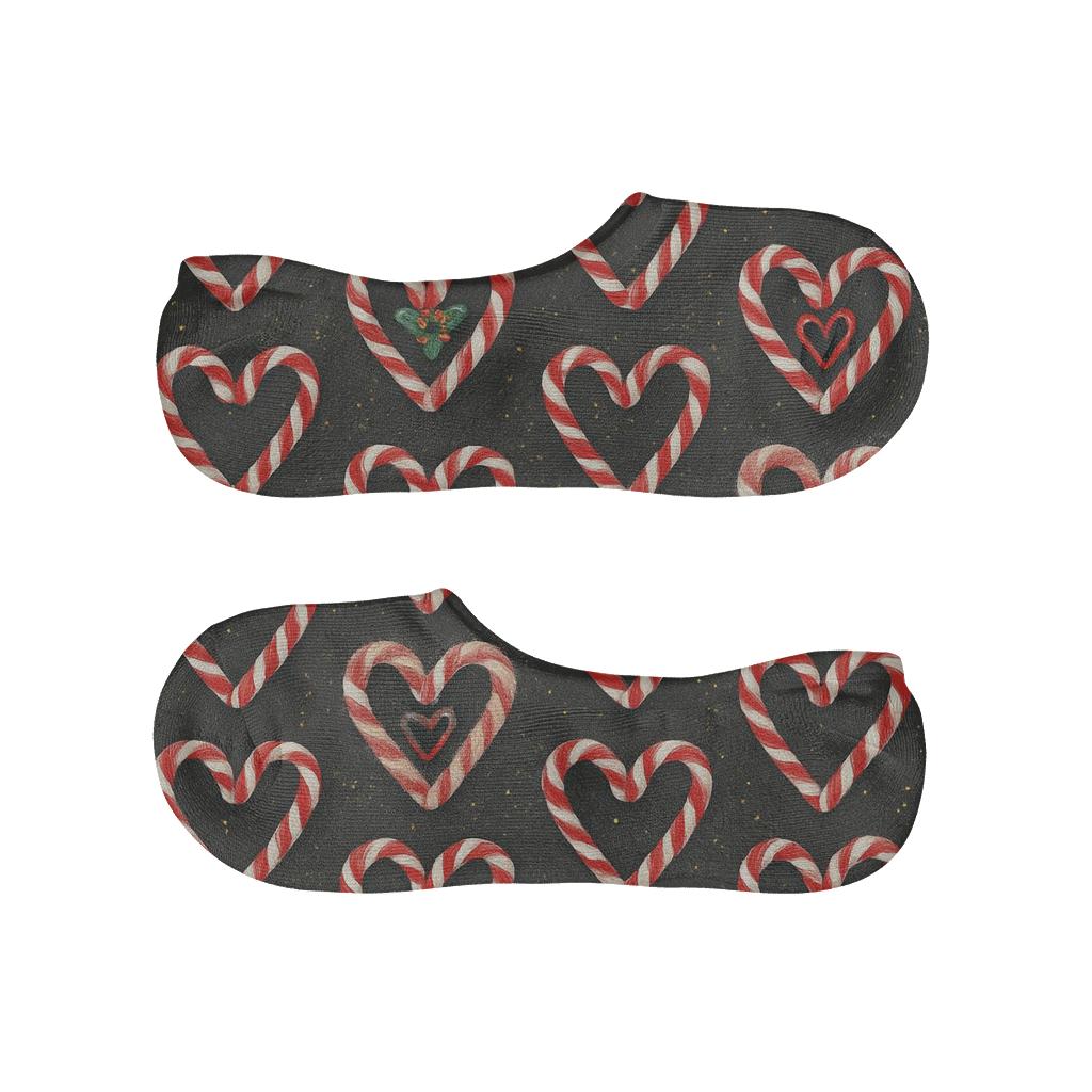 Candy Canes Heart Garland On Charcoal Night designer print no-show socks