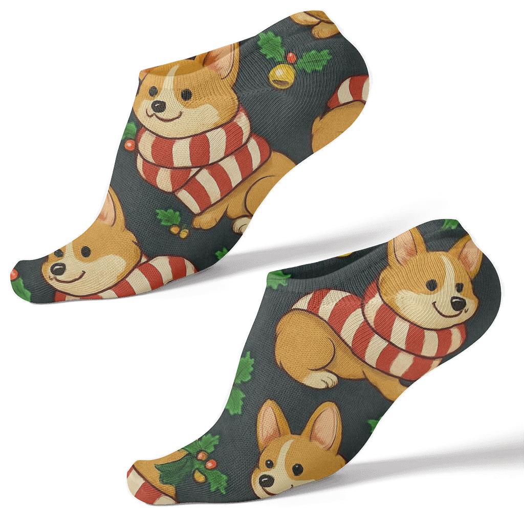 Candy Cane Corgi Chevron On Charcoal Background personalized ankle socks