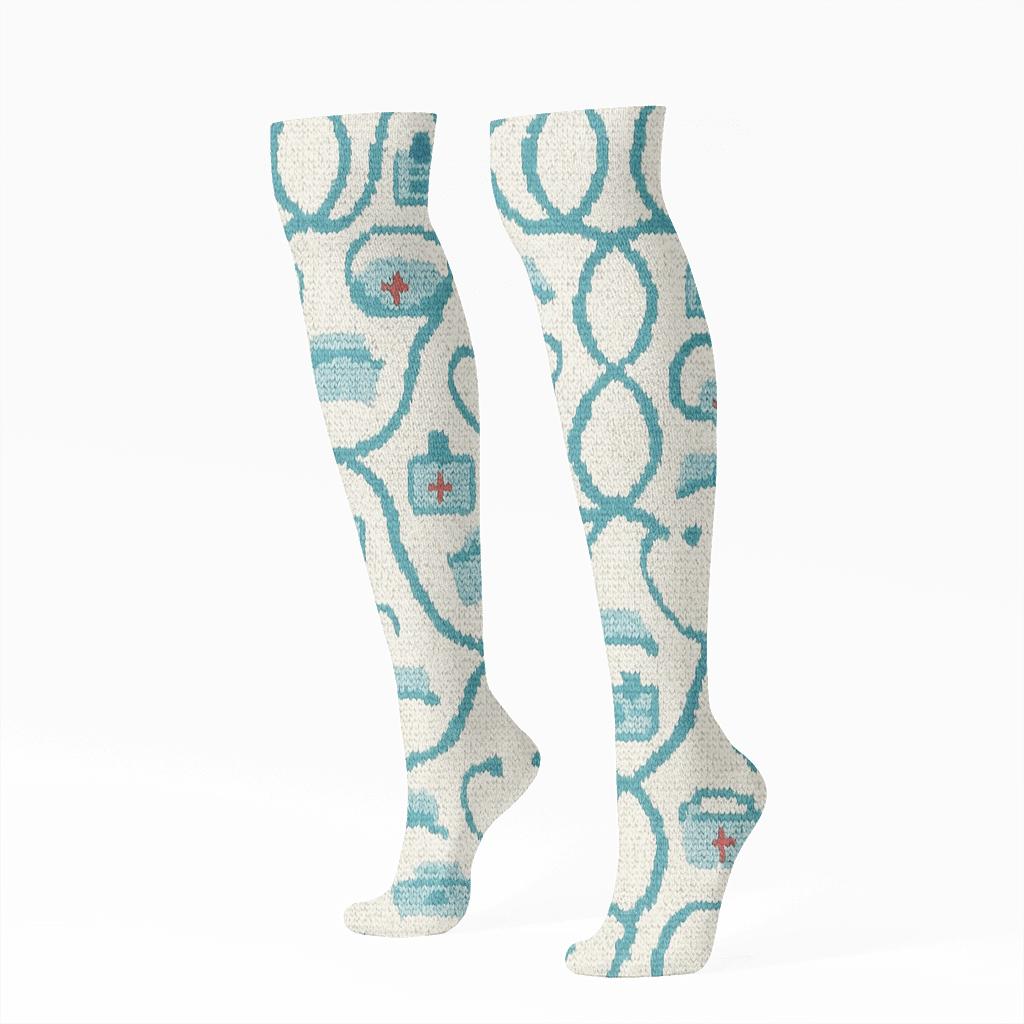 Stethoscope Loop Lattice Nurse Pattern unique graphic knee-high socks